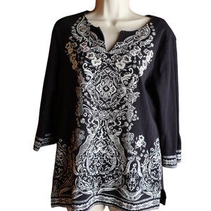 Karen Scott Size M Black Tunic Knit Blouse 3/4 Sleeve Detailed Damask Print